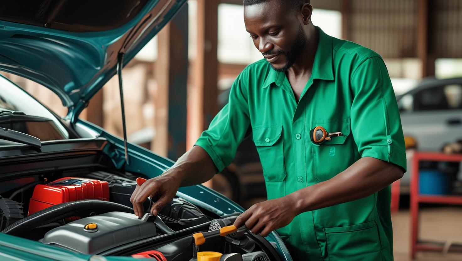 Create an image of a black nigeria car care onwer (let their clothe be green and they should look real) (1) Create an image of a black nigeria car care onwer (let their clothe be green and they should look real) (1)
