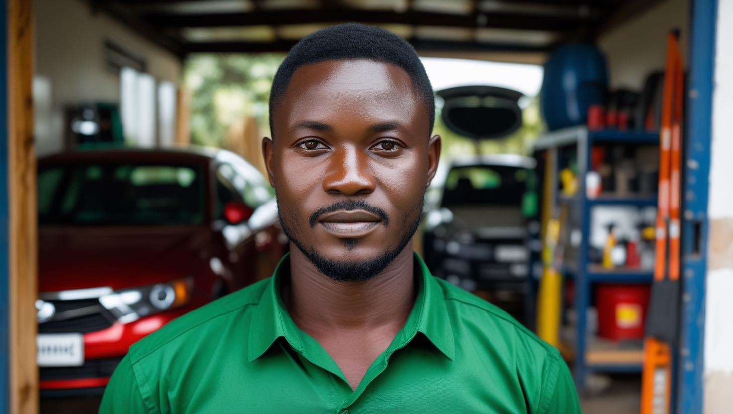 Create an image of a black nigeria car care onwer (let their clothe be green and they should look real) (2) Create an image of a black nigeria car care onwer (let their clothe be green and they should look real) (2)