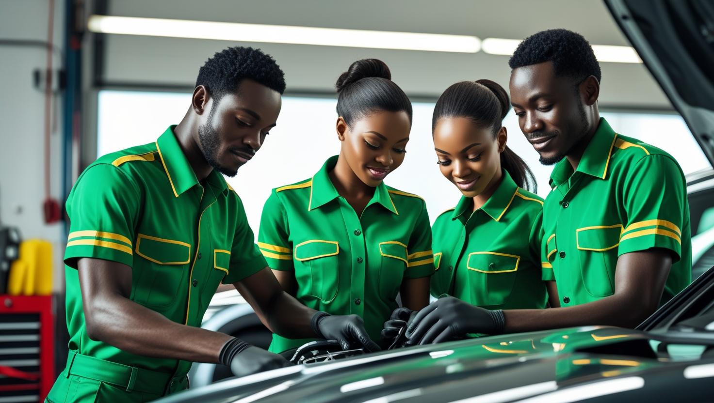 Create an image of a black nigeria car care team (let their clothe be green and they should look real) Create an image of a black nigeria car care team (let their clothe be green and they should look real)